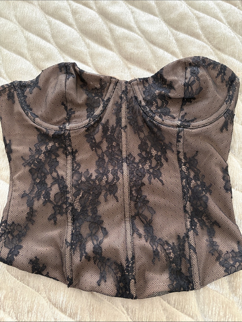 White Fox Boutique Tan Bustier Corset Top with Black Lace Overlay